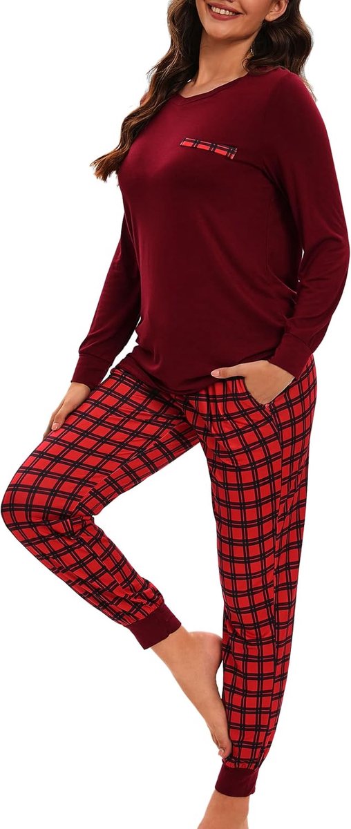 Pyjama set voor dames dames pyjama tweedelige pyjama sets lange mouwen winter pyjama set V-hals tops en geruite broek nachtkleding