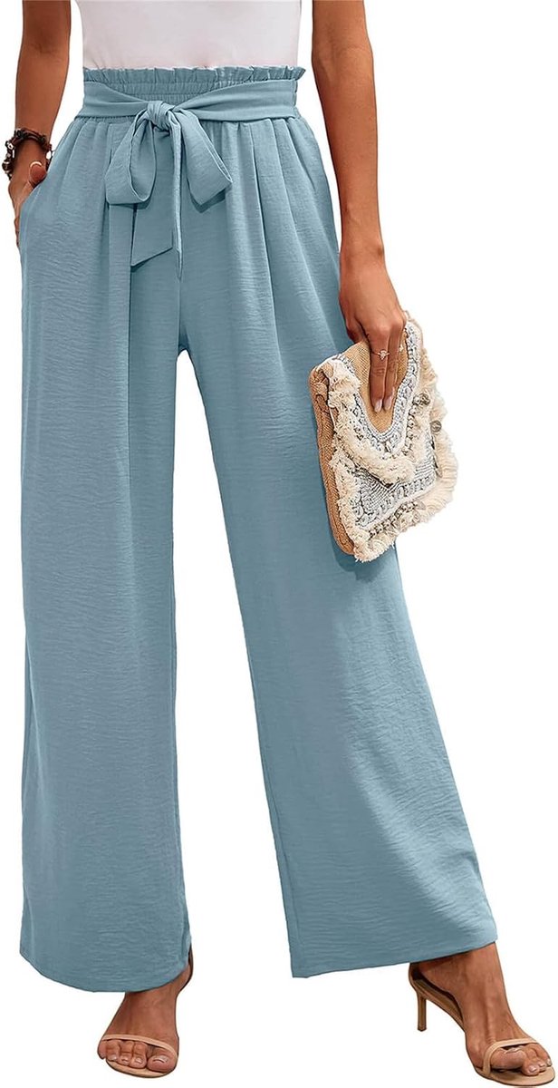 Damesbroek met wijde pijpen, hoge taille, lichte zomerbroek, effen, los, verstelbare vrijetijdsbroek met zakken