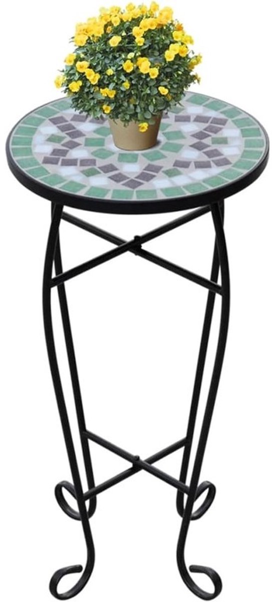 Mozaïek Plantentafel - Groen & Wit - Ø 30 cm - Bijzettafel voor Buiten & Binnen - Mediterrane Bloementafel - Hoogte 60 cm