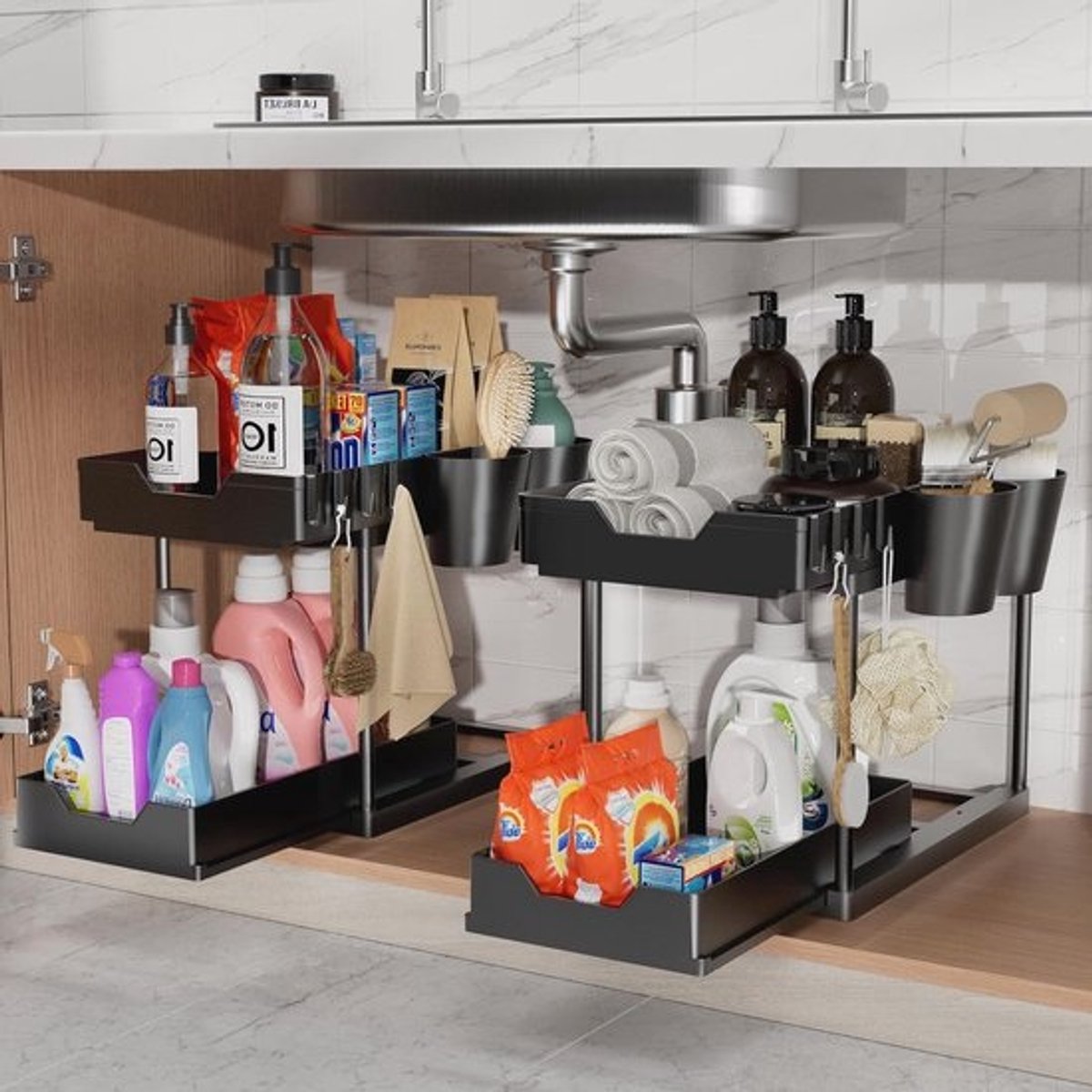 2 etages onder wastafel rek keuken organizer met 8 haken en 4 kopjes - uittrekbare spoelkastorganizer - kruidenrek en keukenhulp - 2 stuks zwart Sink organizer