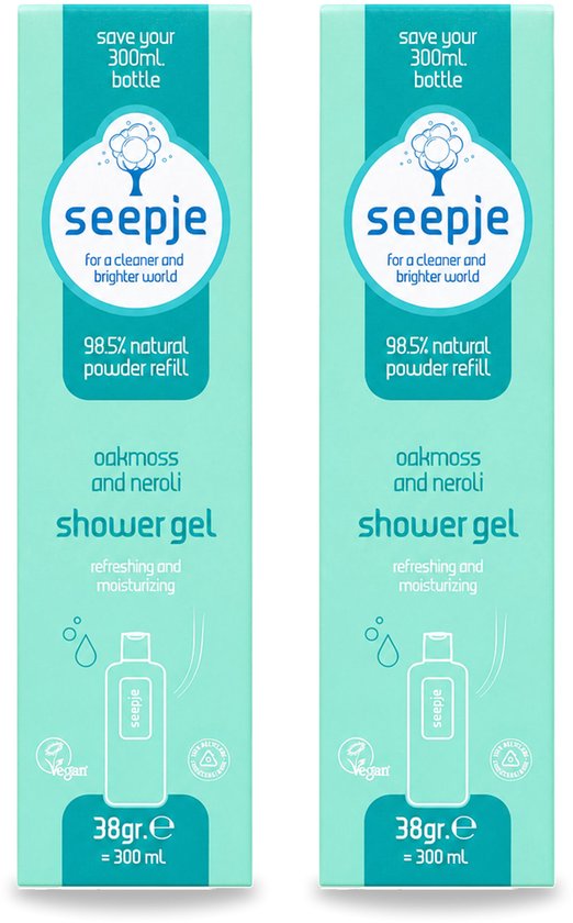 Twee Seepje navulverpakkingen douchegel, 98.5% natuurlijk, met eikenmos en neroli geur.