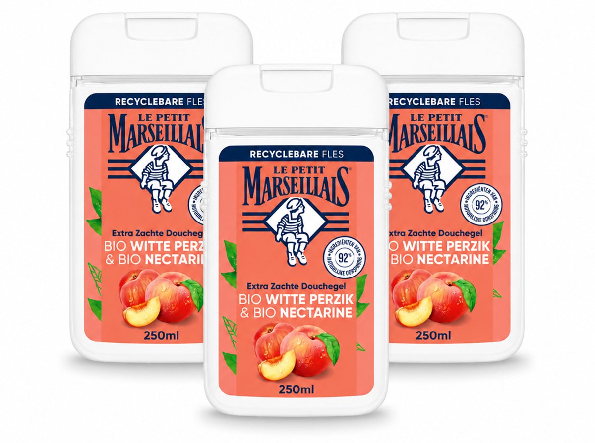 3 x Le Petit Marseillais – Douchegel – Bio Perzik & Nectarine – Verfrissend – 250 ml - Voordeelverpakking - 3 stuks