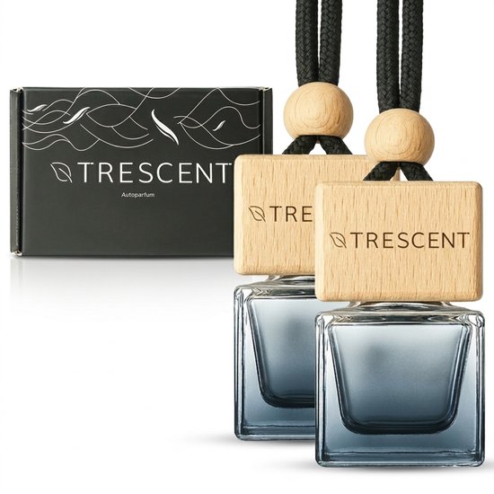 Set van twee Trescent autoparfum hangers met houten dopjes en glazen flesjes gevuld met blauwige vloeistof.
