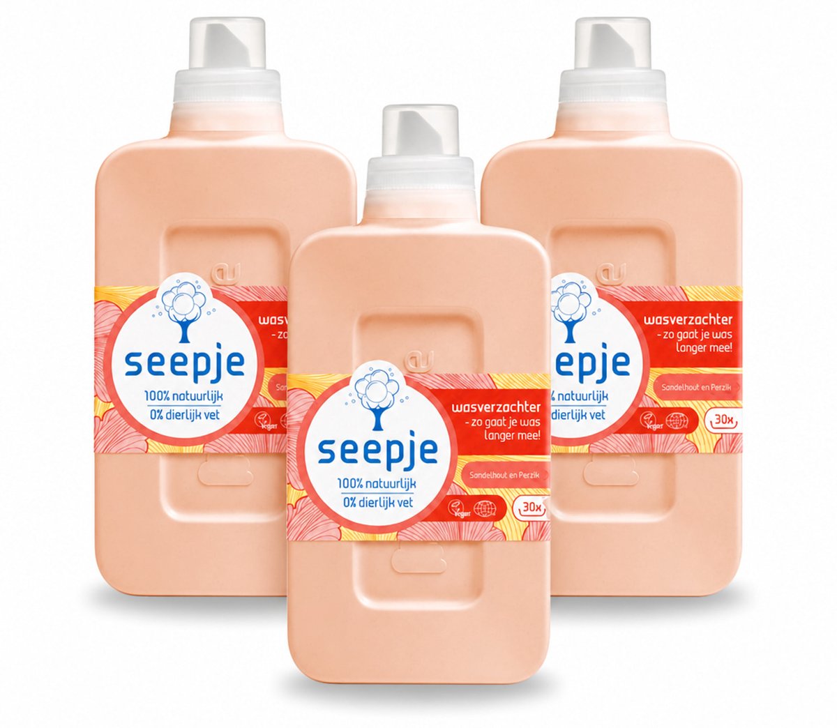 3 x Seepje - Wasverzachter - Verzorgt en Verfrist - Sandelhout en Perzik - 30 Wasbeurten - 750 ml - Voordeelverpakking - 3 stuks