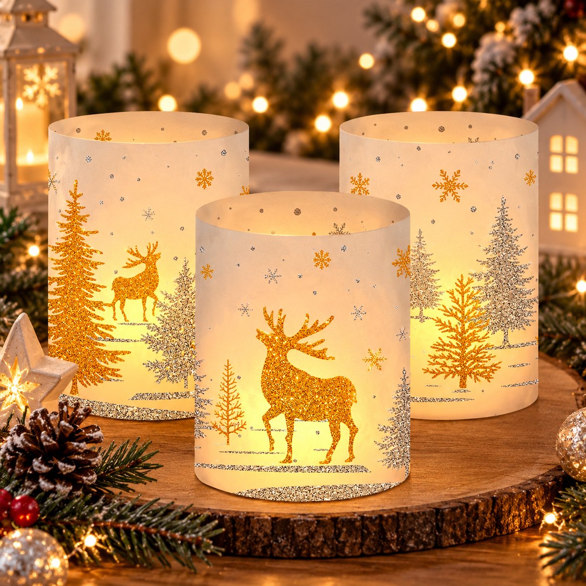 3 stuks kerst windlichten tafeldecoratie met rendier en kerstboom motief voor theelichtjes