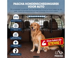 Pascha Hondenrek Auto – Universeel Hondenscheidingsrek voor Kofferbak – Verstelbare Breedte – Hoofdsteun Bevestiging – Zonder Boren