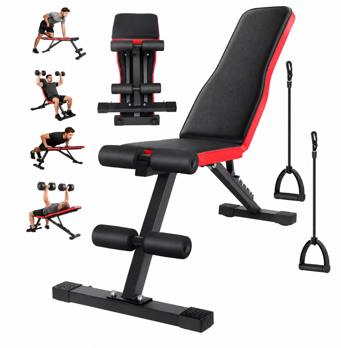 Multifunctionele Fitnessbank - Zwart-Rood - Halterbank - Verstelbaar - 8 Verstelstanden - Opklapbaar - Met Beensteunen - Voor Sit-ups En Krachttraining