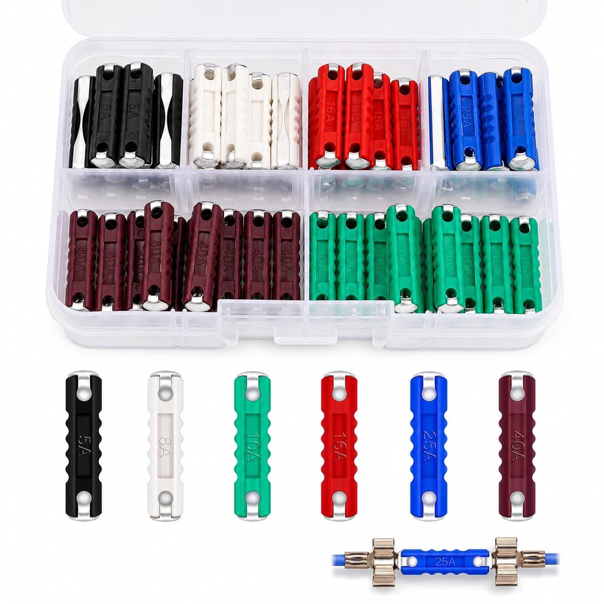 60 stuks torpedozekeringen, torpedozekeringen voor auto, 5 A, 8 A, 10 A, 16 A, 25 A, 40 A, continentaal voor klassieke auto, motorfiets.