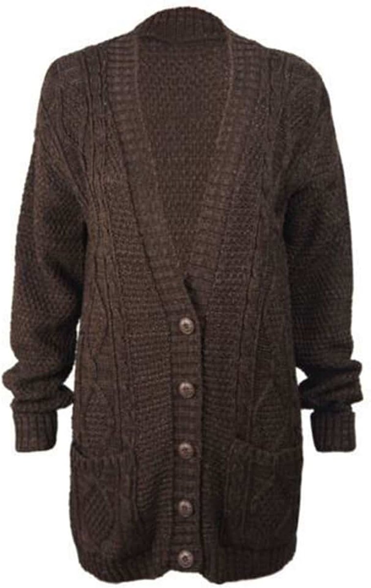 Lange Mouw Aran Kabel Gebreide Button Up Opa Vest Trui Top, Chocolade, 34/36 NL