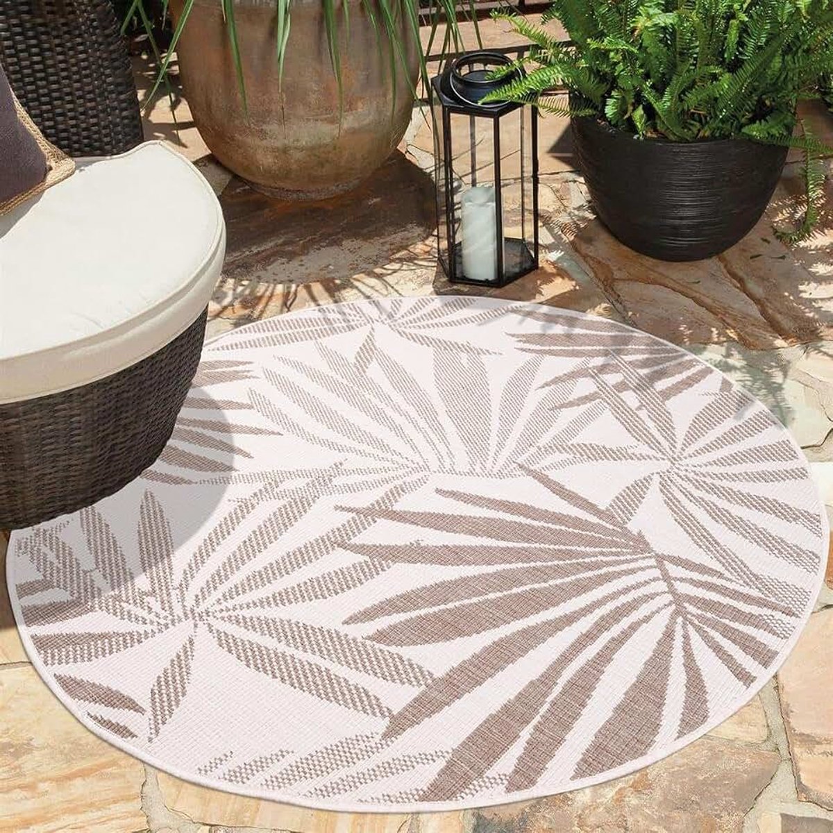 Carpet city Indoor en outdoor tapijt, beige, crème, omkeerbaar tapijt, 160 cm rond, bloemenpatroon, weerbestendig voor balkon, terras, moderne tapijten voor binnen en buiten, woonkamer, keuken