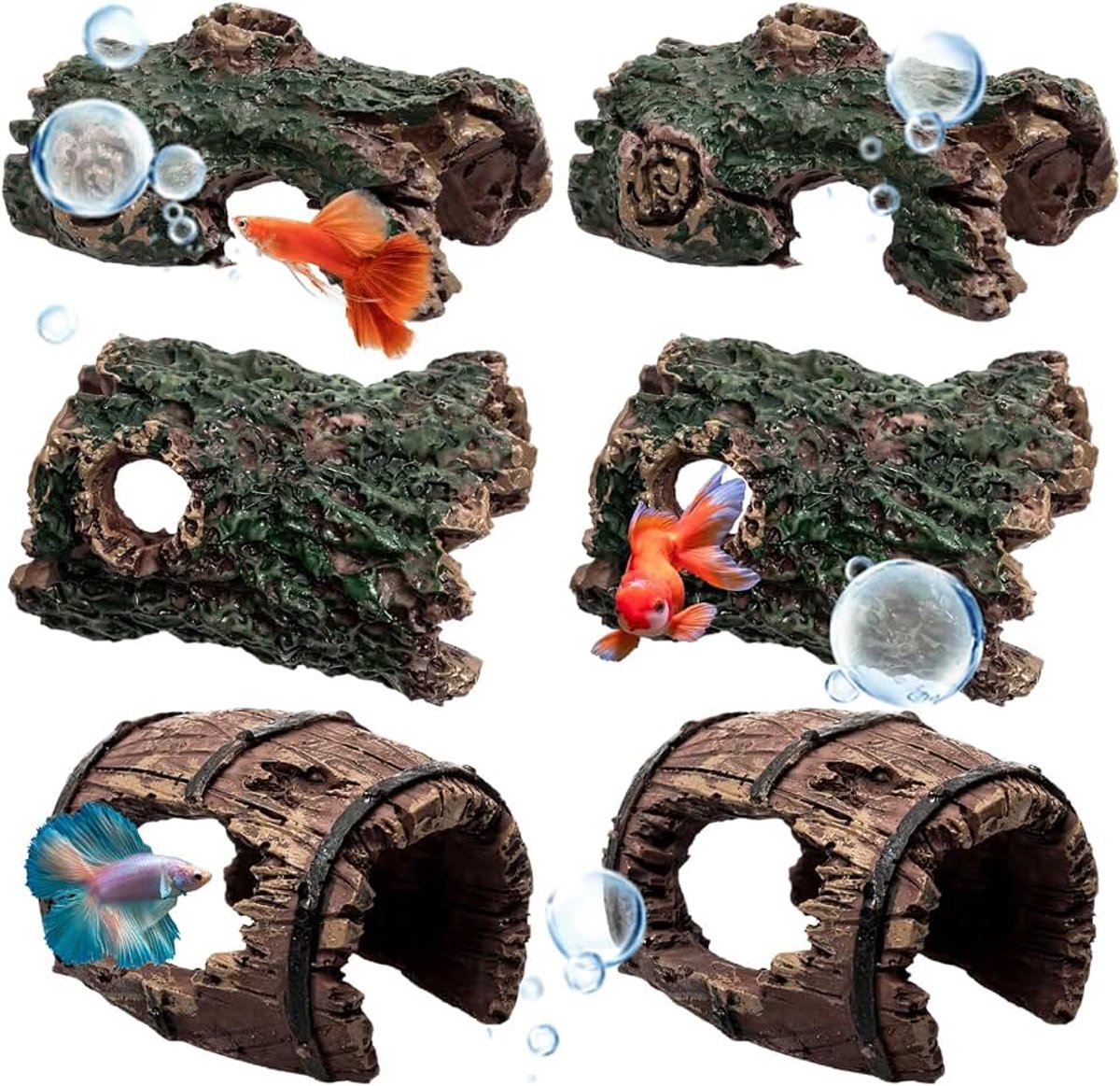 Aquariumdecoratie, 6 stuks, aquariumholt, welsholt, decoratie, boomstam, hars, kameraquarium, hol, ornament, decoratie, holle stam, voor verstopplaats of betta-vis, zwemhabitat