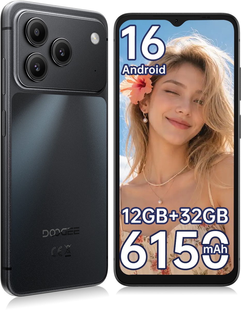 DOOGEE Note 57 Lite Smartphone - 6,56" - Android 16 - 12GB(3+9) RAM - 32GB ROM - 6150 mAh - Lichtgewicht 195 g - Zwart