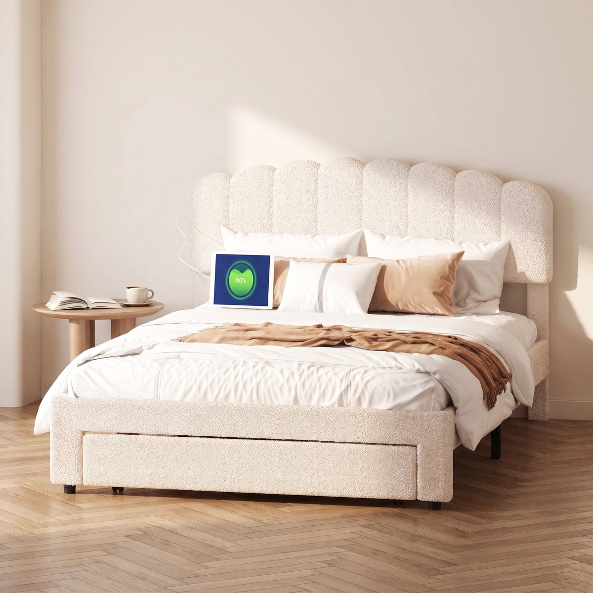 MEXUS Gestoffeerd Bed (160x200 cm), Lattenbodem, Voorzien Hoogte Verstelbaar Hoofdbord Ingebouwde USB-Oplaadpoort Ruime Opberglade, Beige Teddyfleece, Matras Niet Inbegrepen (160x200 cm)