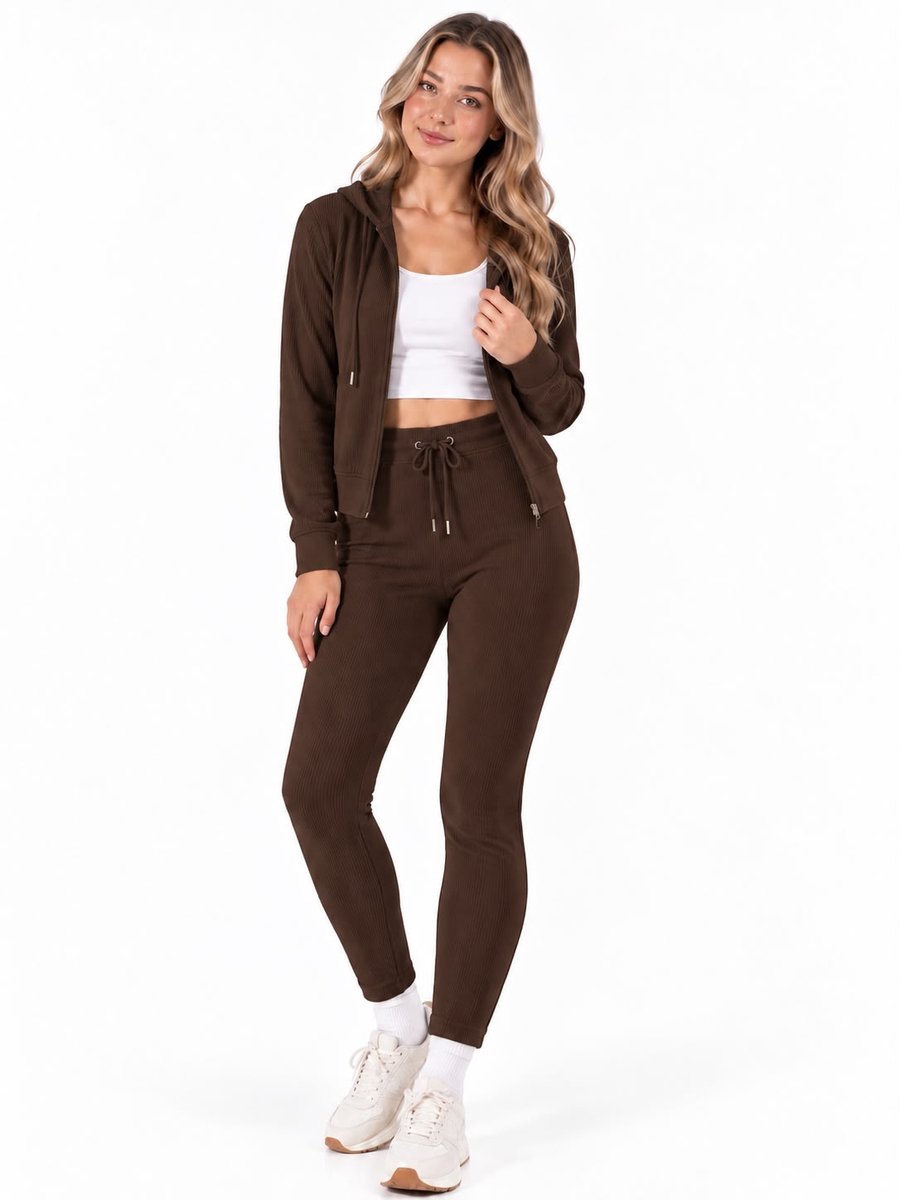 Dames Rib Fluffy Lounge Set-Trainingpak- Hoodie met capuchon-Rits-Joggingpak-Huispak-M/L(38/40) NGHP-W26003 Choco