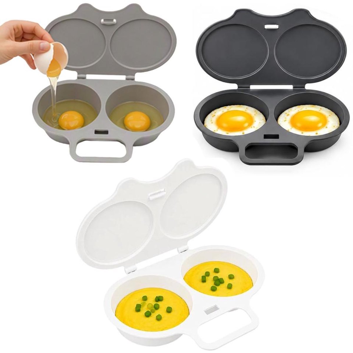 Magnetron Eierkoker - 3 Stuks - Stoompan Eieren - Eierstoompan - Eipocheerder - Microwave Egg Boiler - Maakt 2 Eieren - Snel Ontbijt -Egg Poacher - Ei Koker - Dubbele Houders - Gepocheerd Ei - Wit, donkergrijs, lichtgrijs
