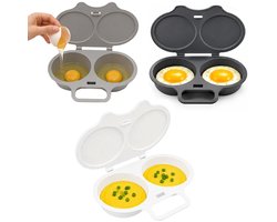 Magnetron Eierkoker - 3 Stuks - Stoompan Eieren - Eierstoompan - Eipocheerder - Microwave Egg Boiler - Maakt 2 Eieren - Snel Ontbijt -Egg Poacher - Ei Koker - Dubbele Houders - Gepocheerd Ei - Wit, donkergrijs, lichtgrijs
