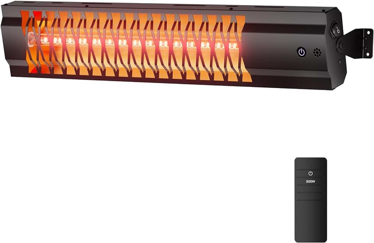 Warmtestraler voor terras, 2000 W, elektrische wandverwarming, IP65 waterdicht, plafondverwarming voor buiten, met afstandsbediening, terrasstraler voor tuin, paviljoen, balkon