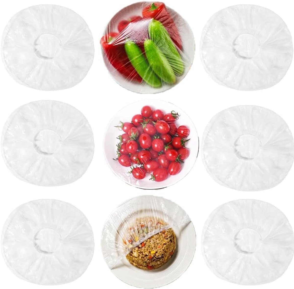 Deksels voor kommen, 100 stuks, herbruikbare voedseldeksels van kunststof, tot 38 cm, waterdicht voor opslag, koelkast, magnetron, picknick en buiten