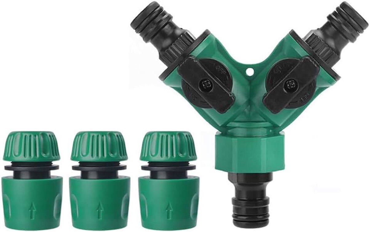 Irrigatiekraan met Y-connector, set bestaande uit 2-weg verdeler en 3 snelkoppelingen, met onafhankelijke ventielen voor tuin en buitenreiniging