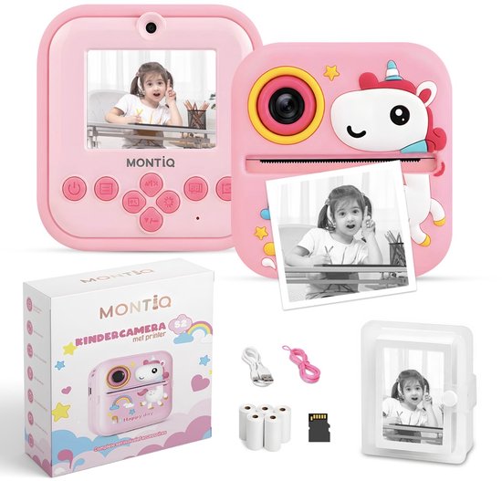 Roze kinder camera met printer, decoratie eenhoorn, toont een meisje dat lacht. Inclusief foto, rollen papier, SD-kaart en accessoires.