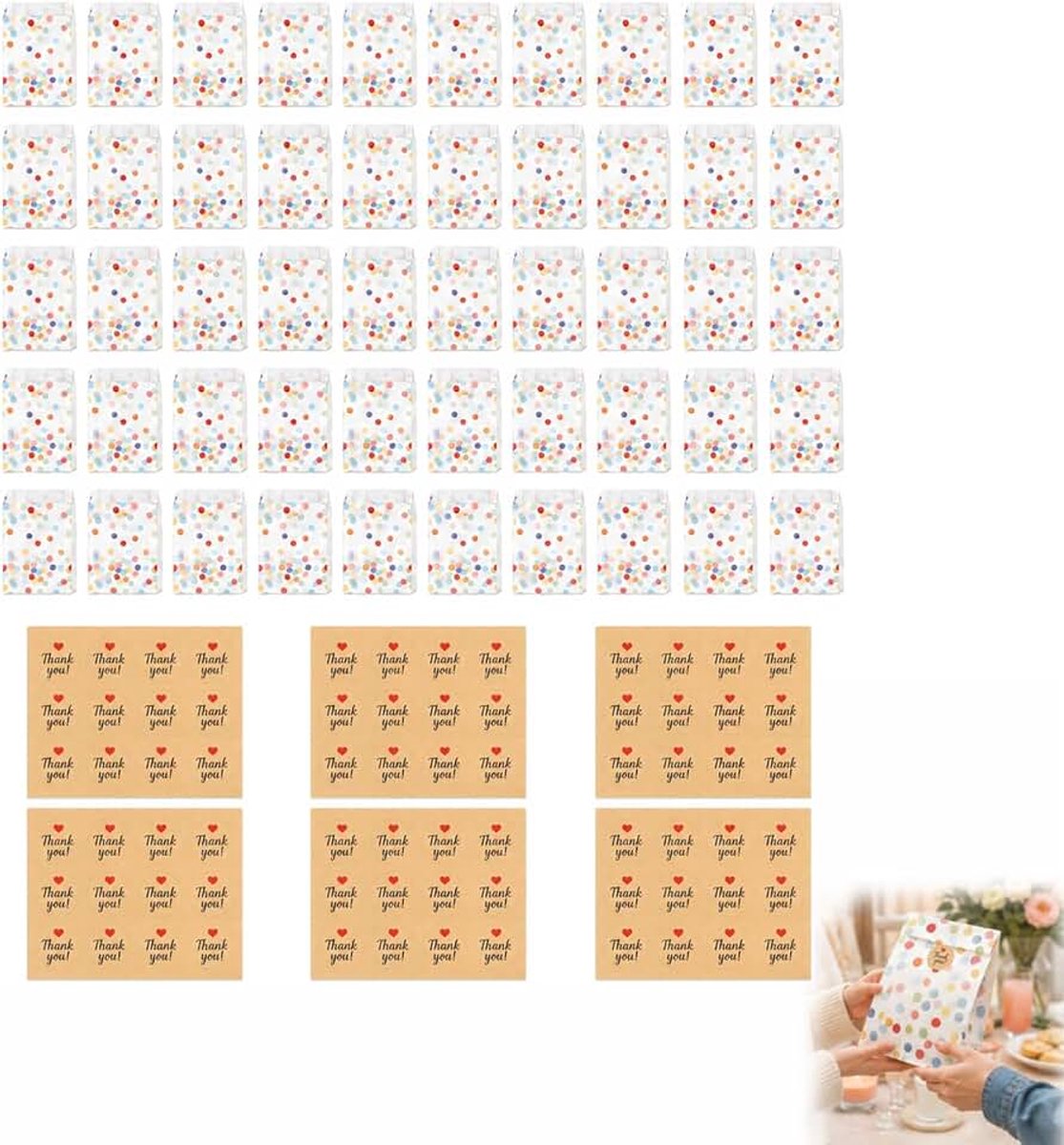 Geschenkzakjes van kraftpapier, afmetingen 19 x 13 x 3,5 cm, met 72 decoratieve stickers, ideaal voor verjaardagen, bruiloften en Kerstmis, kleine cadeauzakjes voor feestjes en evenementen