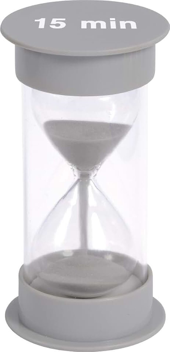 Zandloper 15 minuten, tijdmeter van kunststof en glas, grijs (Ø 6,5 x 12,5 cm), ideaal voor meditatie, leren, games, keuken of badkamer, jaar