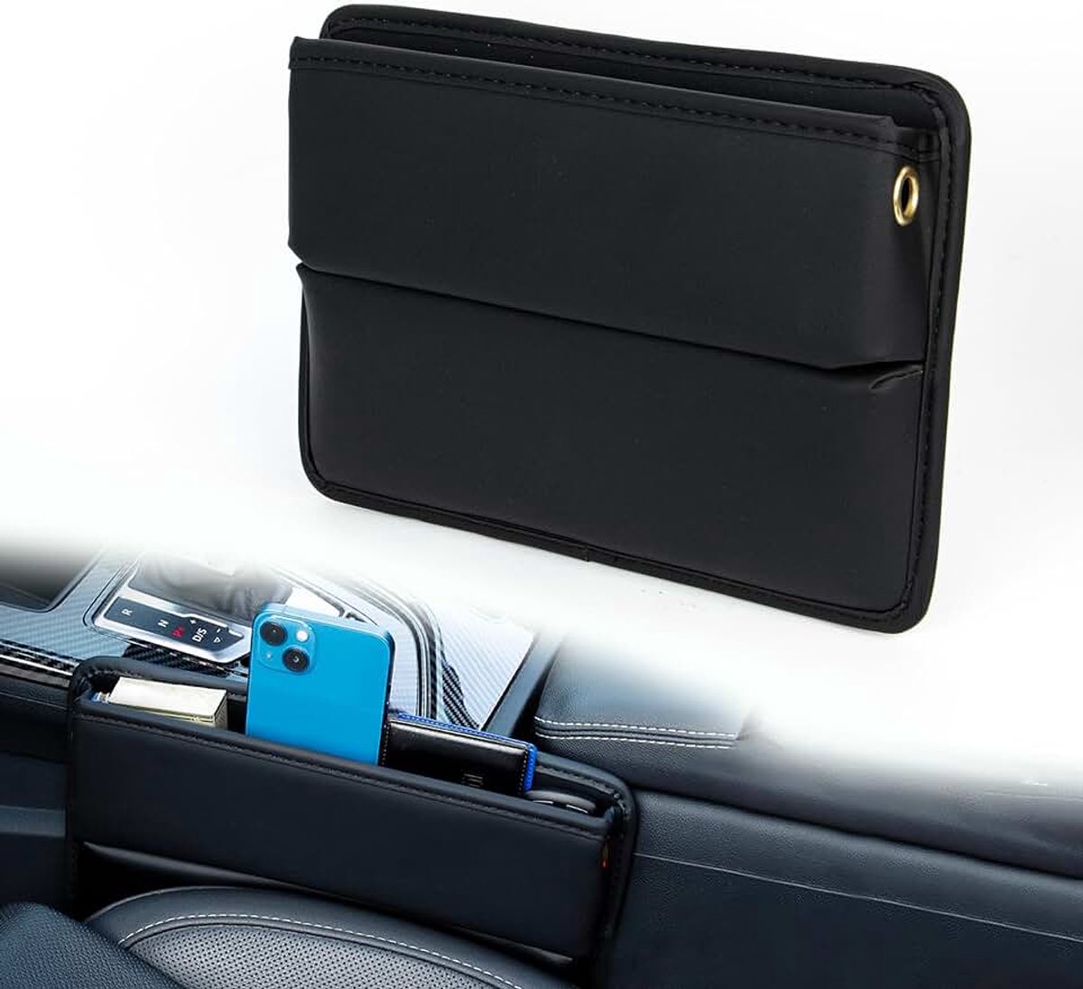 Opbergdoos voor gaten in autostoel, leren opbergdoos voor gaten in autostoel, draagbare opvuller voor mobiele telefoons portemonnee munten, 1 stuk, zwart