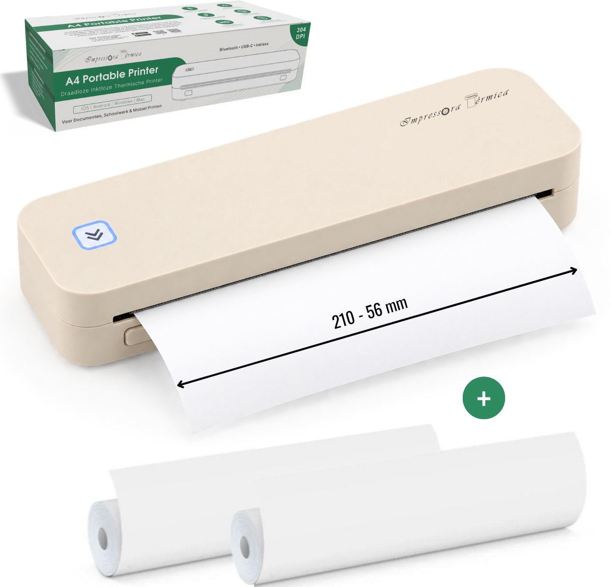 Impressora Térmica® - Draadloze thermische printer - Mini Printer voor Mobiel/Tablet/Laptop - 304 DPI - Pocket Printer - USB/USB-C - Tattoo printer - Inclusief twee rollen thermisch papier - Beige