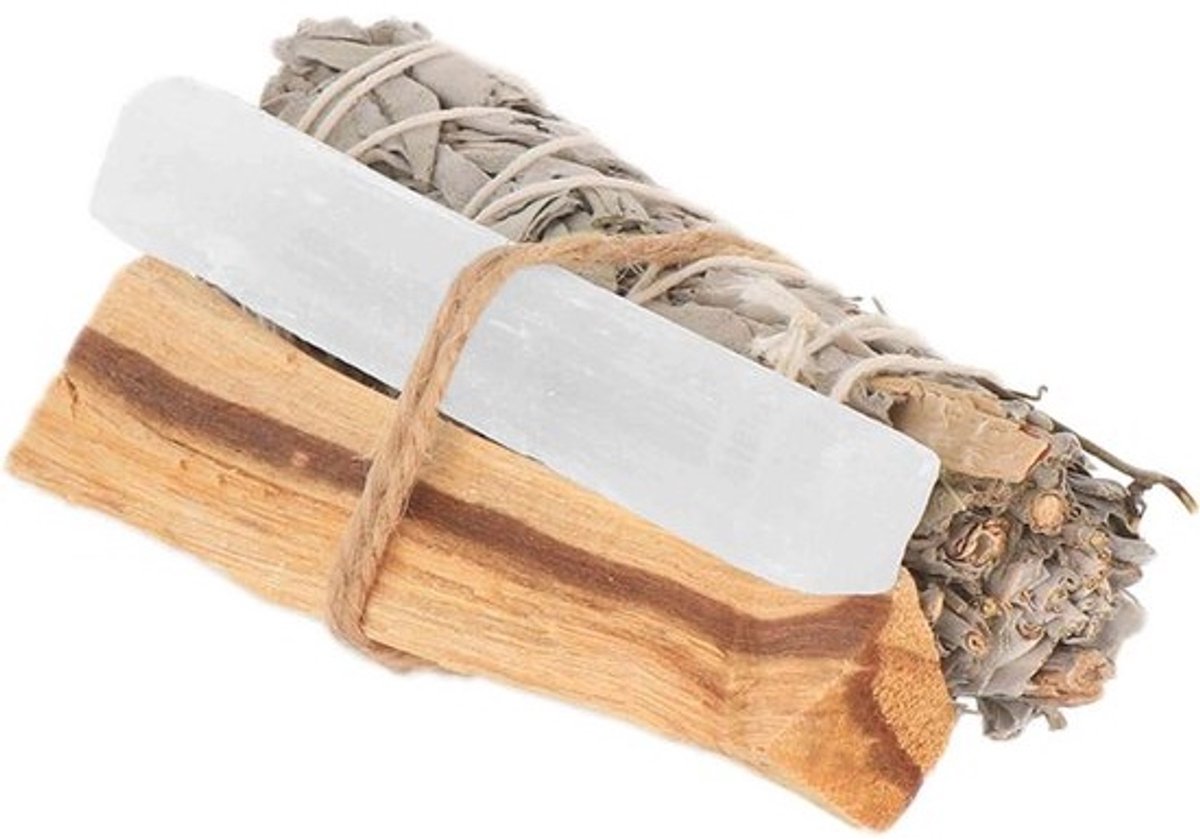 Wierookbundelset met Witte Salie, Palo Santo Hout en Seleniet Kristal voor Meditatie en Energetische Reiniging