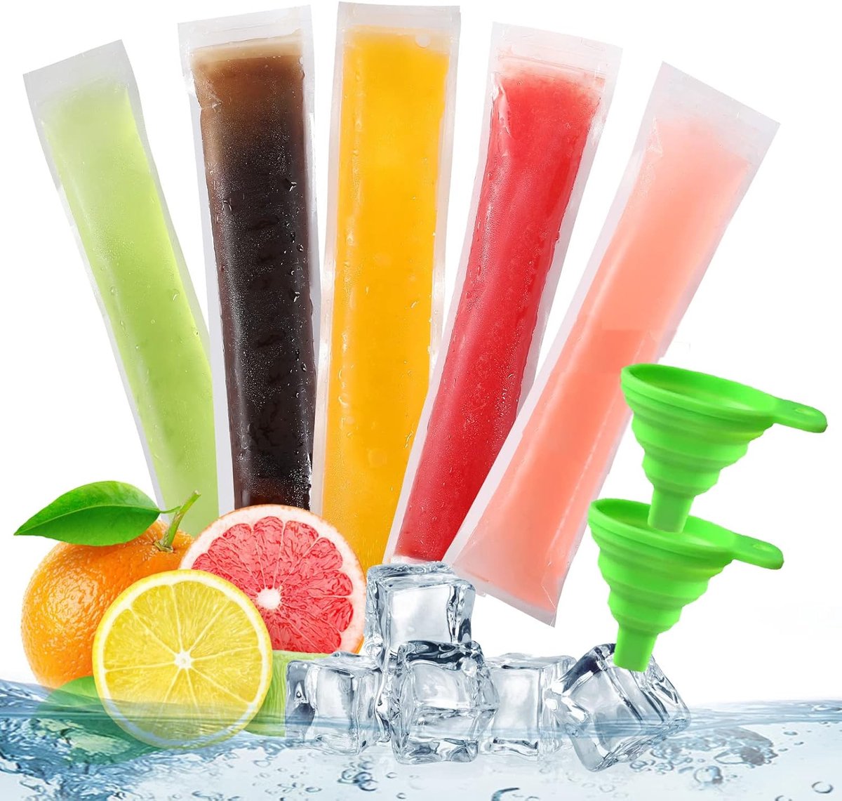 Mallen Zakken DIY Wegwerp Ice Pop Zakken Mold Bags Zelfgemaakte ijslolly Zakken met Siliconen Trechter Freeze Snacks Vriezer Buizen (100)