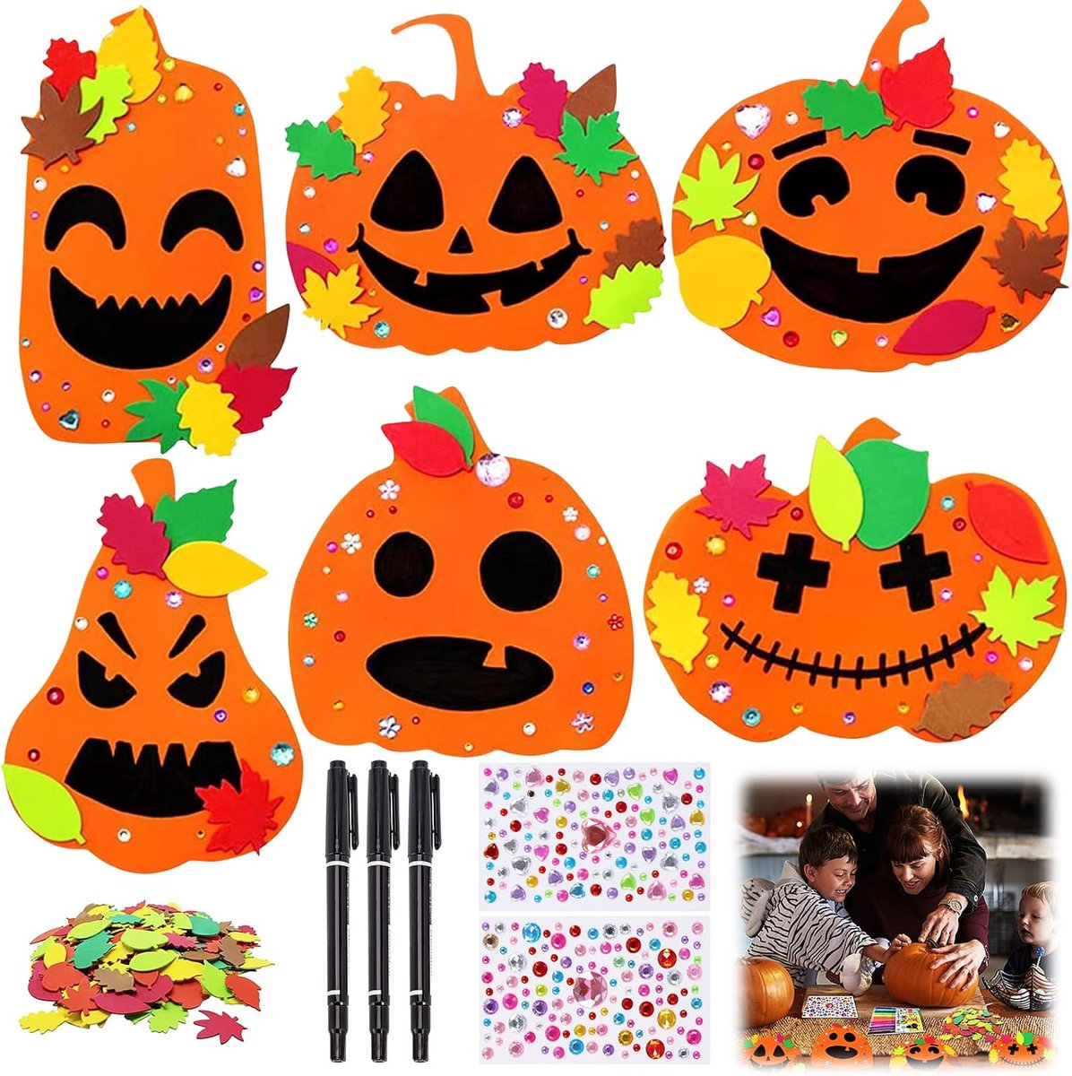 Knutselen voor kinderen, 67 stuks doe-het-zelf pompoen, knutselset, pompoendecoraties met esdoornblad, strass-steentjes, pen, Halloween knutselen voor kinderen, voor herfst, Thanksgiving