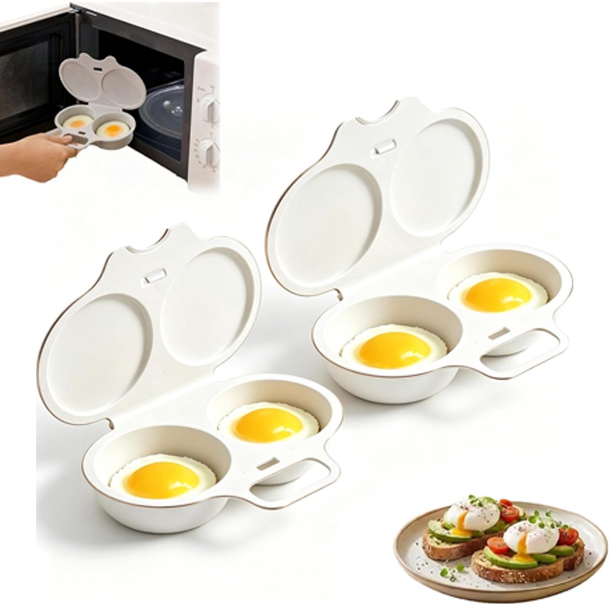 2 stuks Eierkoker magnetron - Eierkoker - Eierkoker 2 eieren - Magnetron-eierkoker - Plastic eierfriteuse - Eierstoomvorm - Met deksel en handvat - Hittebestendig - Snel ei koken bakken - 16x11.5x3cm - Wit