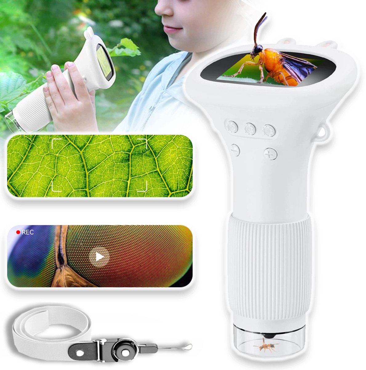 Draagbare Microscoop Voor Kinderen Met 1000x Vergroting En 5 cm Scherm - USB Oplaadbaar 8 Ledlampjes Ingebouwd Geheugen Voor 400 Foto's Computercompatibel Beschermhoes in De Vorm Van Een Leeuw - Perfect Cadeau Voor Kinderen Van 3-12 Jaar - Wit