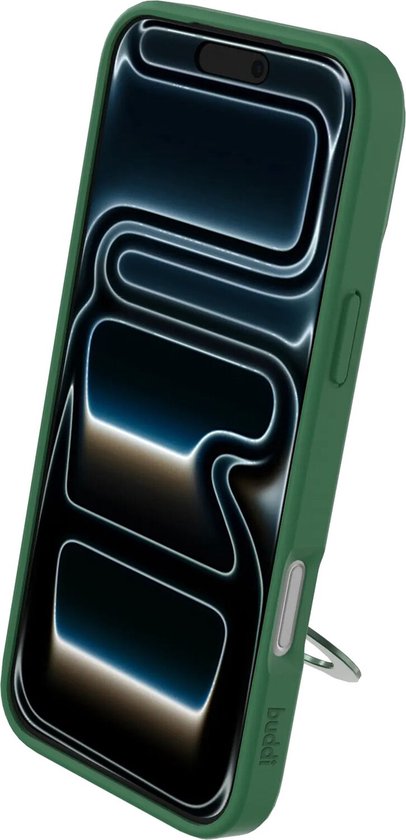 Groen telefoonhoesje met een ringstandaard aan de achterkant en een schermrand van 1mm.