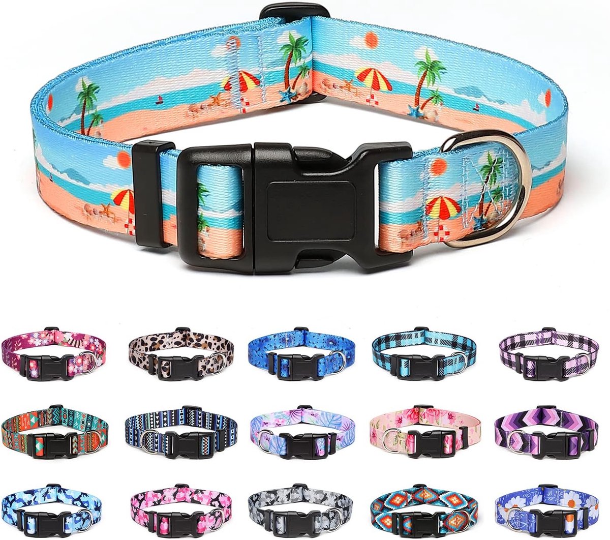 Verstelbaar, zacht en comfortabel, nylon, hondenhalsband voor kleine, middelgrote en grote honden, puppy's en katten (L, strand)