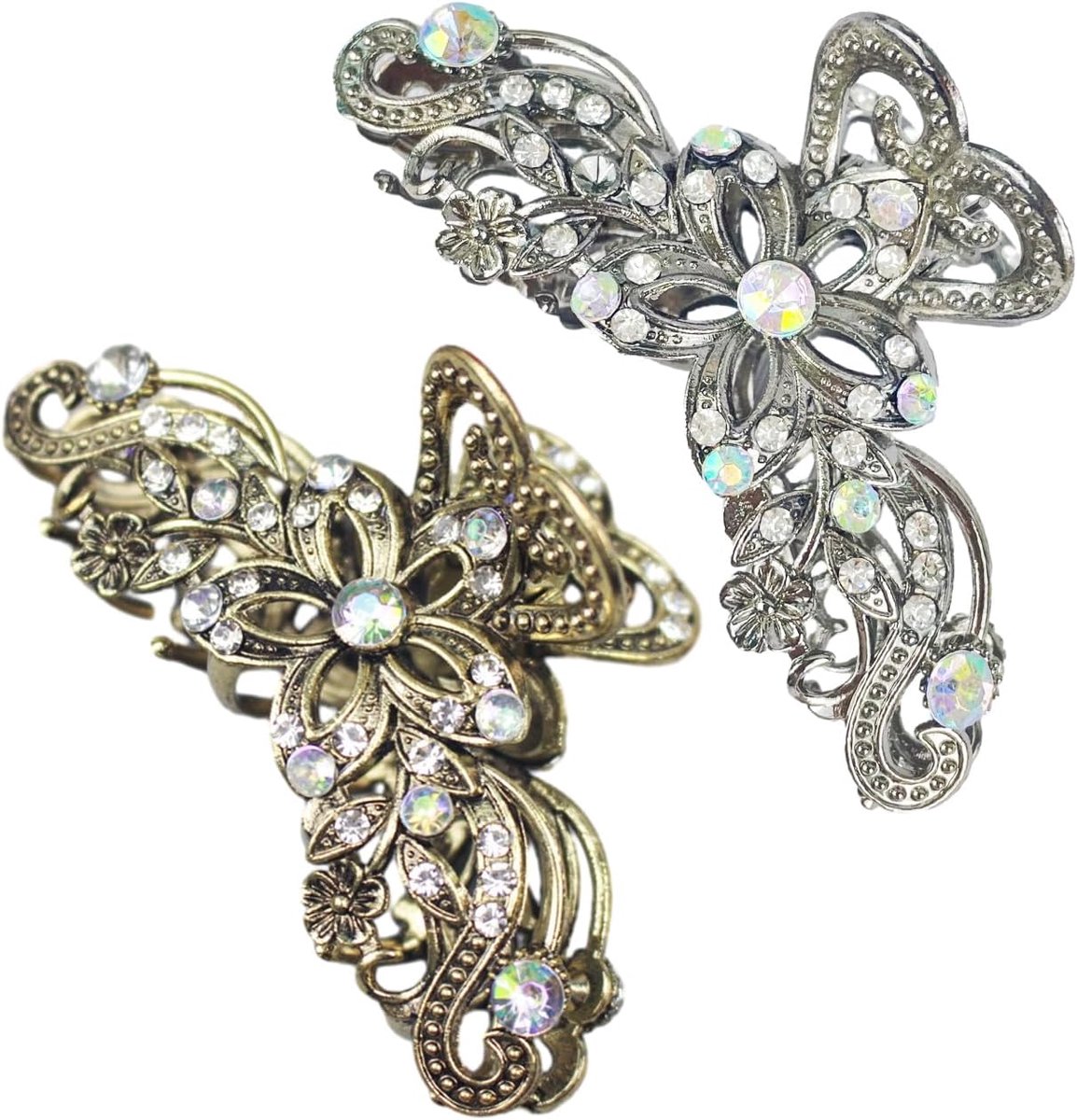 Haarspelden - Glanzende Strass, Retro Bloemengrijper, Antislip, Modieuze Haaraccessoires Voor Meisjes en Vrouwen (Goud, Zilver)