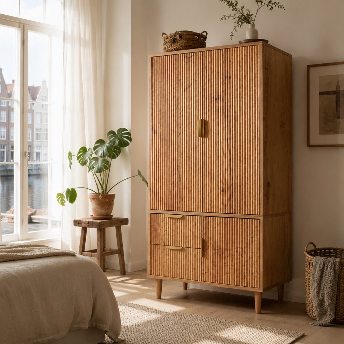 Lemlit Kledingkast - Garderobekast met 3 Deuren, 2 Lades en Kledingroede, Opbergkast met 3D Geribbelde Fronten en Gouden Grepen, 80x50x177 cm - Eiken
