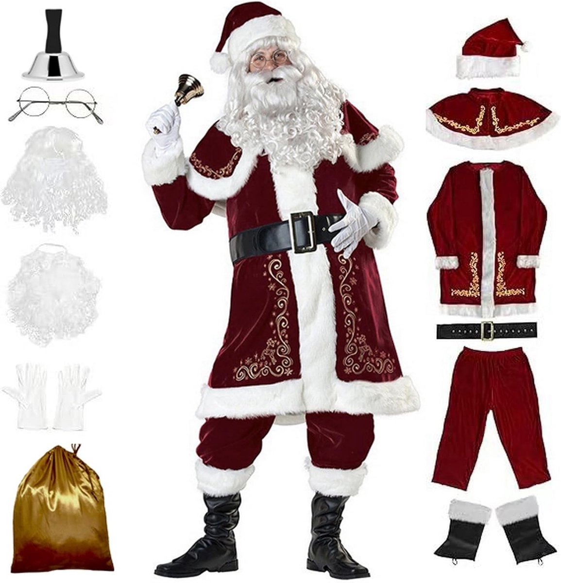 Luxe kerstmankostuum voor heren, 12 stuks, fluwelen kerstmanpak voor volwassenen