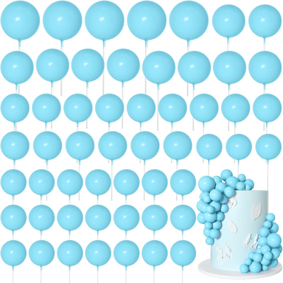 75 stuks lichtblauwe taartballen, topper decoraties, schuim cupcake topper mini ballon taart topper picks voor deco verjaardagsfeestje bruiloft