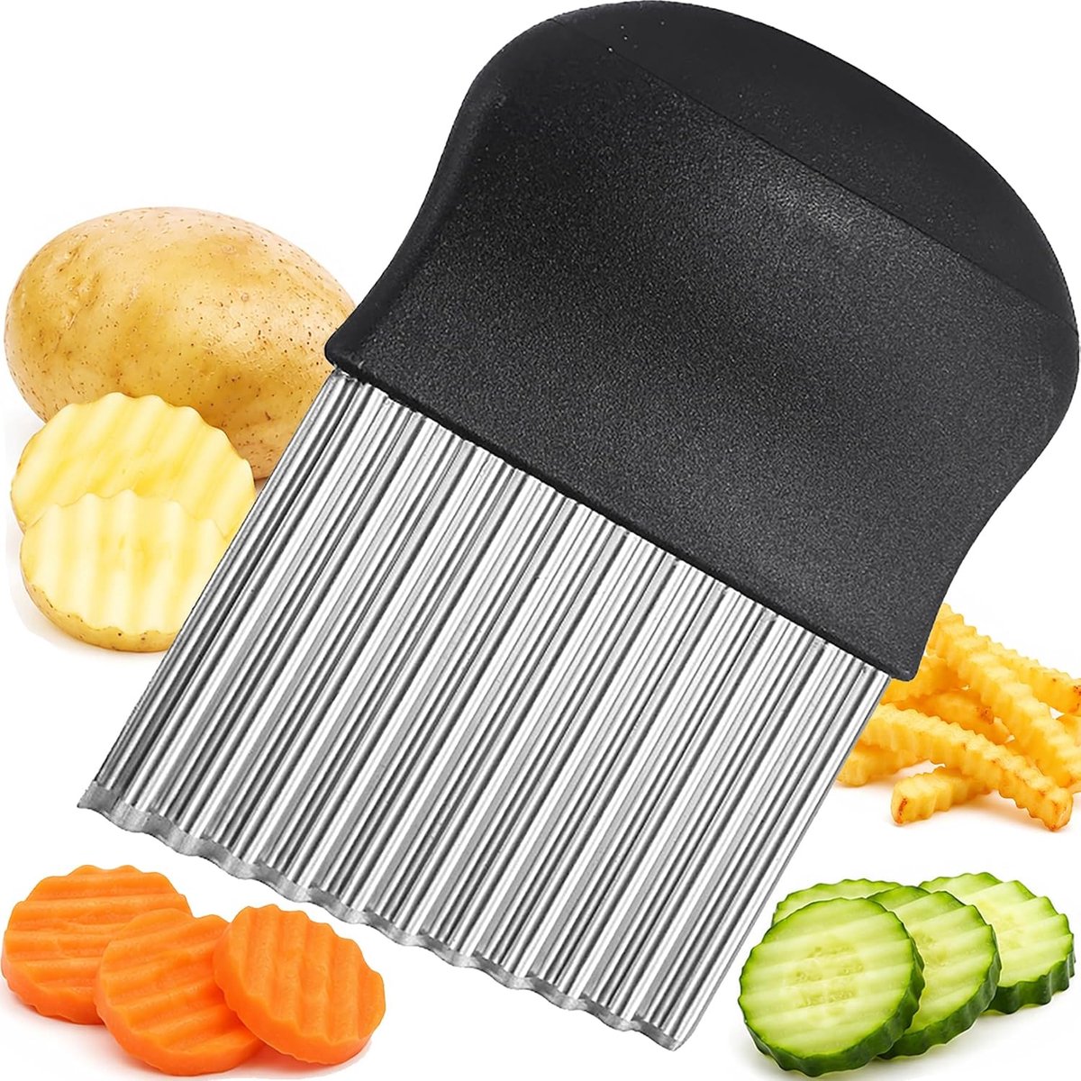 Roestvrijstalen golfsnijder, golfsnijder, 14 x 9,5 cm, golfmes voor groenten, aardappelen, wortelen, groenten, fruit, ribbelmes, golfmes, gemakkelijk te reinigen