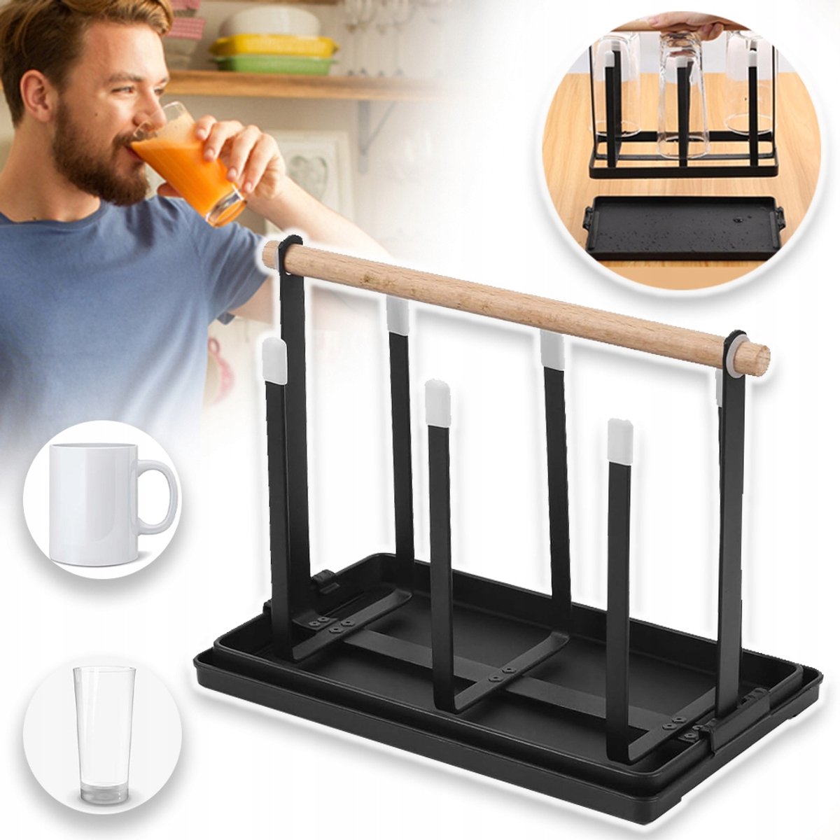 Metalen Flessenrek Voor 6 Flessen – Verticale 90° Hoek Met Houten Handgreep, Antislip Siliconen Hoezen, Roestvrij En Ruimtebesparend – Voor Aanrecht, Voorraadkast En Bar – Zwart