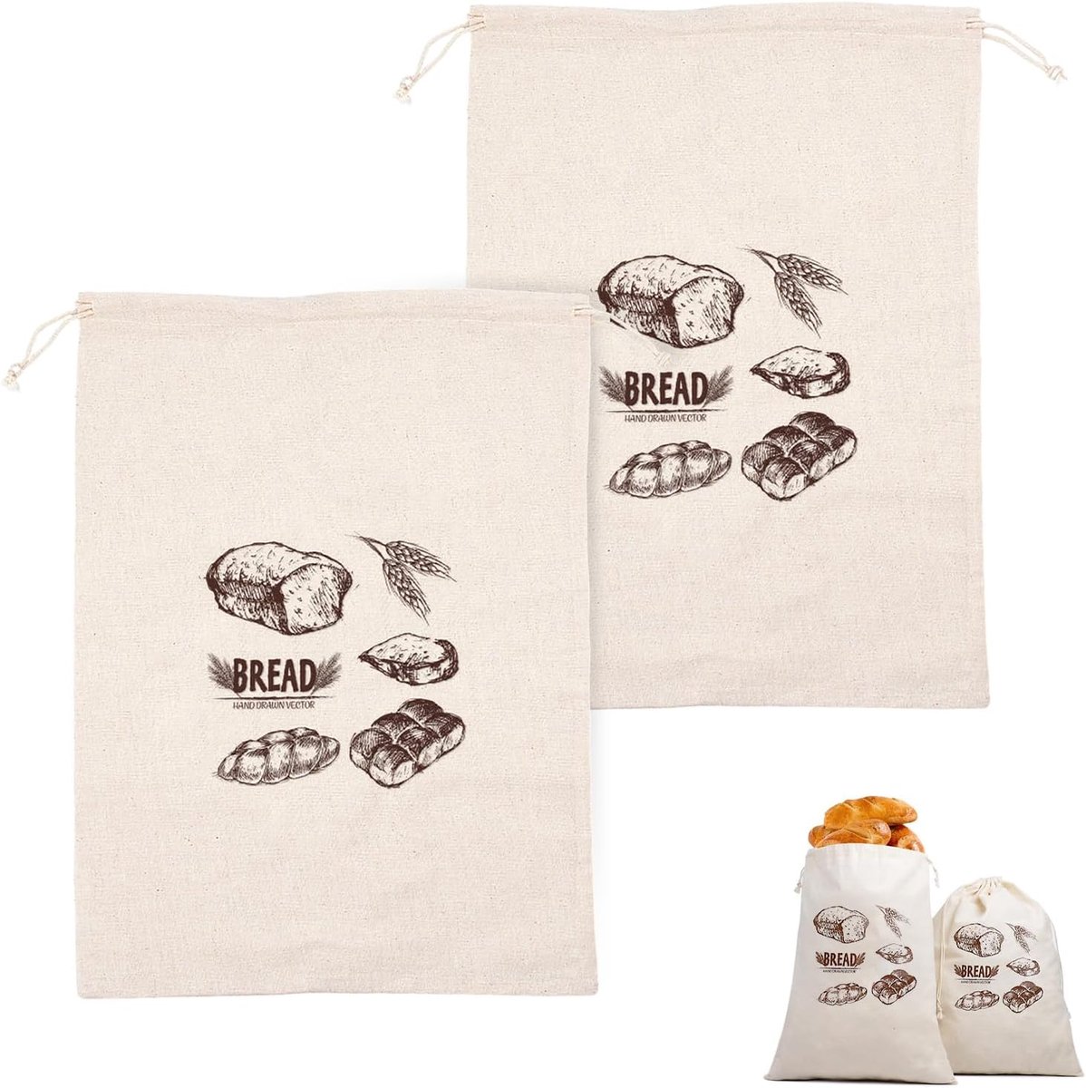Broodzakken, linnen, 2 stuks, 30 x 40 cm, broodzak, bewaren van brood, groenten en fruit, met trekkoord, herbruikbare katoenen zak, voor het bewaren van brood, groenten en fruit
