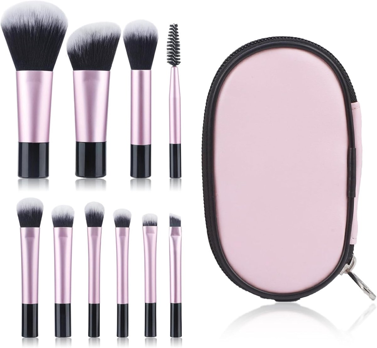 10 stuks mini-kwastenset, make-up, make-upkwastenset, make-up, geschikt voor wimpers, rouge, oogschaduw, foundation, draagbaar design, met opbergtas (roze)