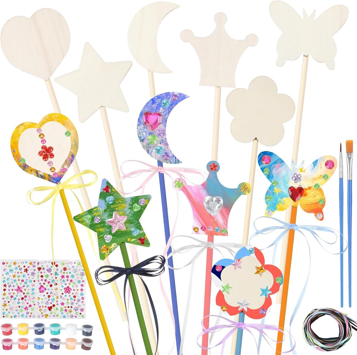 12 stuks toverstaf, knutselset, toverstaf, knutselen, kinderverjaardag, doe-het-zelf prinses, toverstaf, houten knutselwerk voor feeën, verjaardagsdecoratie, feest, cadeau voor meisjes (6 vormen)