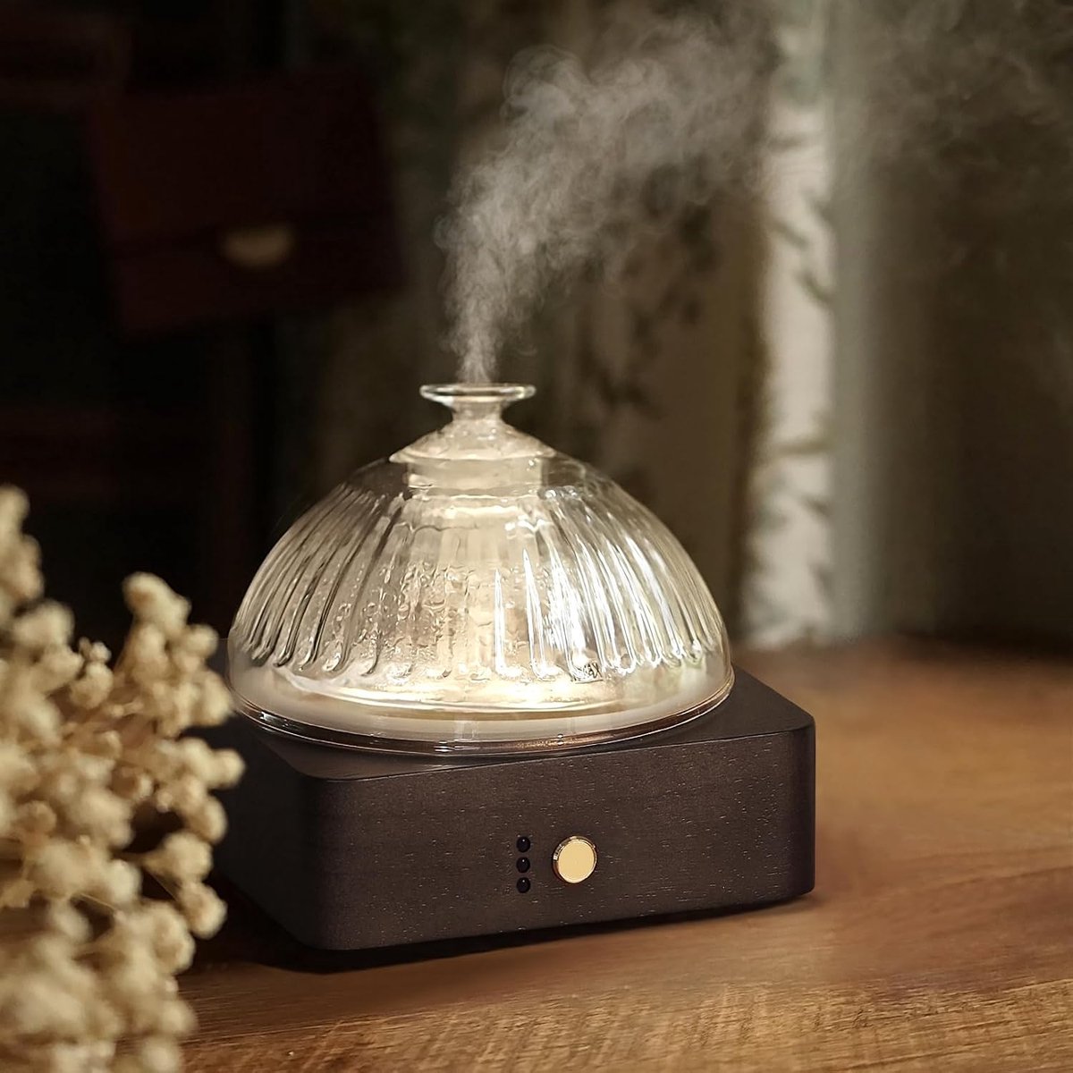 Diffuser voor etherische olie, glazen koepel met glazen houder en houten sokkel, plasticvrij, 200 ml, ultrasone diffuser voor aromatherapie, met timer met 7 kleuren licht