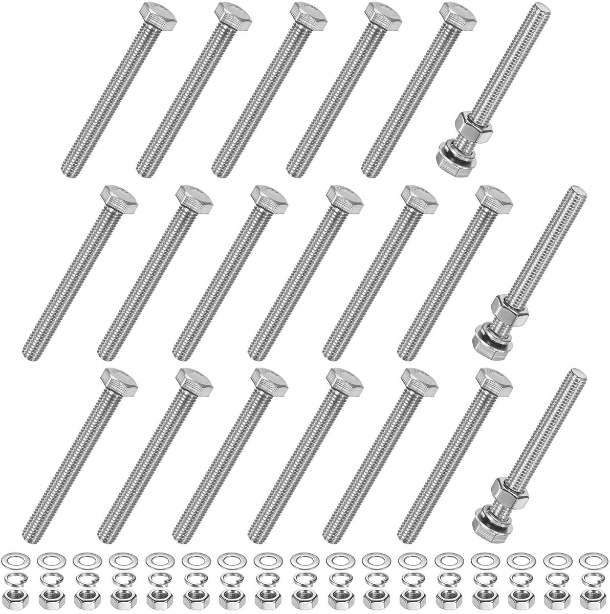 Zeskantschroeven, 20 stuks, met moeren, platte schijven en veerringen, M8 x 70 mm, roestvrij stalen schroeven en moeren, set met volledige schroefdraad, metrisch schroevenassortiment voor