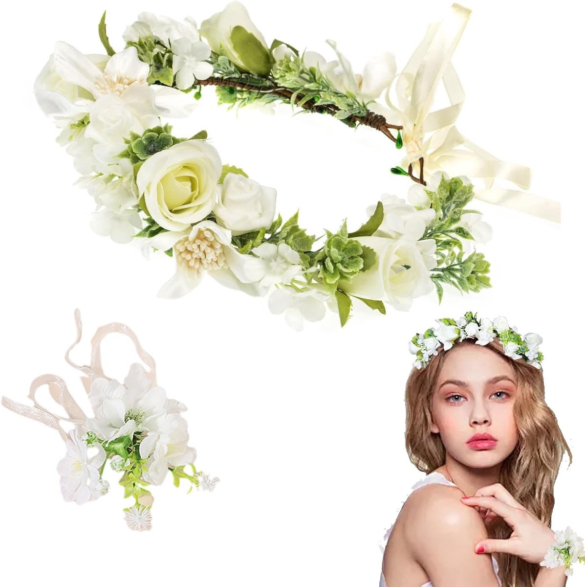 Communiekroon voor meisjes, verstelbare kroon, kunstrozen, kroon, bloemen voor haar en armband, Boheemse stijl, haarband, communie, meisjes, strand, festival, reizen