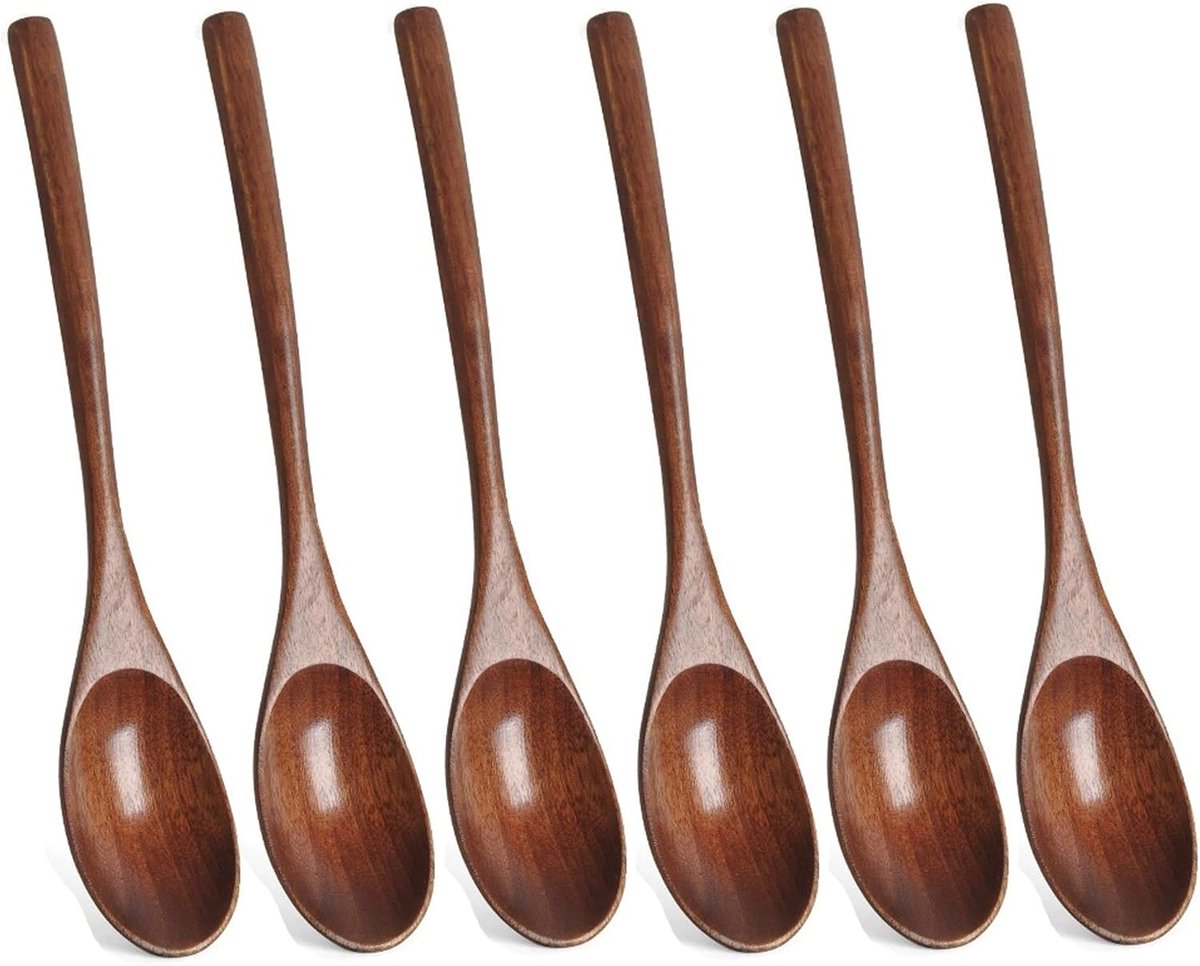 Houten lepel eetlepel, 6 stuks in Japanse stijl keukengerei met lange greep Nanmu hout soeplepel set kooklepel om te eten, mengen, roeren, koken