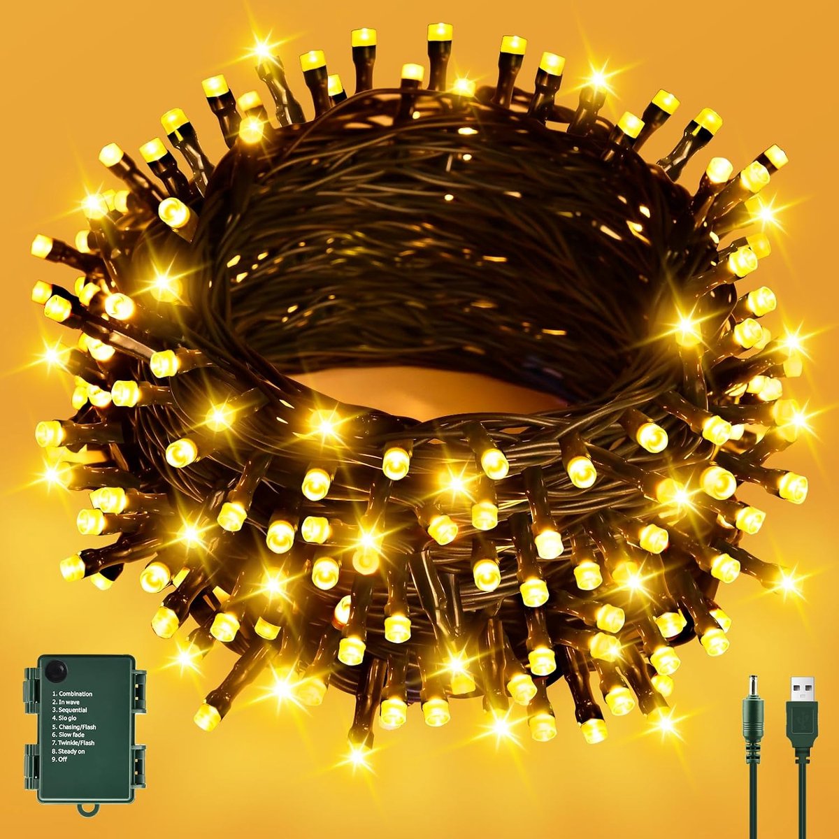 Cshare Lichtsnoer voor buiten, batterij/USB, 6 m, 60 leds, kerstlichtketting met timer, IP65 waterdicht, lichtketting voor kerstboom, tuin, binnendecoratie, warmwit