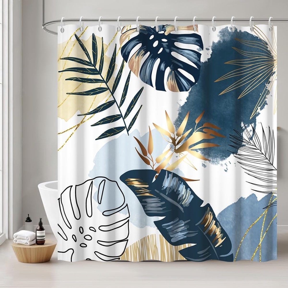 Douchegordijn, 180 x 180 cm, schimmelwerend, boho-stijl, tropisch blauw, palmbladeren, jungle, douchegordijnen, stof, wasbaar, waterdicht, polyester, badgordijn met 12 haken, voor badkamer